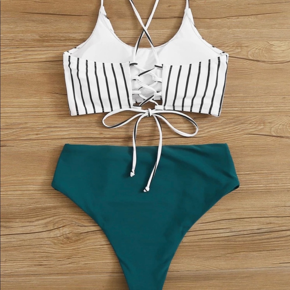 Striped Lace-up Back High Waisted Bikini Swimsuit